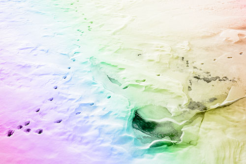 V Shaped Footprint Path Across Frozen Snow Covered River (Rainbow Tone Photo)