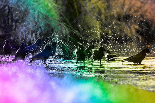 Water Splashing Crows Enjoy Bird Bath Along River Shore (Rainbow Tone Photo)