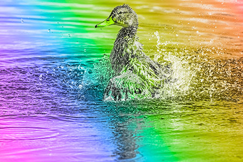 Water Splashing Mallard Duck Taking Bird Bath (Rainbow Tone)
