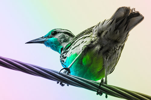 Western Meadowlark Keeping Watch Atop Powerline Wire (Rainbow Tone)