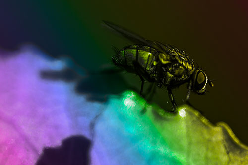 Wet Cluster Fly Walks Along Leaf Rim Edge (Rainbow Tone Photo)