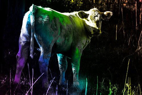 White Cow Calf Looking Backwards (Rainbow Tone Photo)