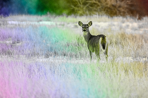 White Tailed Deer Gazing Backwards Among Snowy Field (Rainbow Tone Photo)