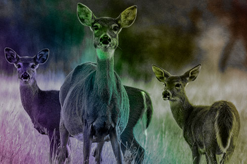 White Tailed Deer Trio Watch Among Wheatgrass (Rainbow Tone)