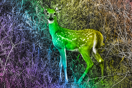 White Tailed Spotted Deer Stands Among Vegetation (Rainbow Tone Photo)