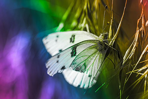 White Winged Butterfly Clings Grass Blades (Rainbow Tone Photo)