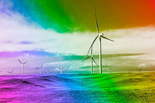 Wind Turbine Cluster Overtaking Hilly Horizon (Rainbow Tone Photo)