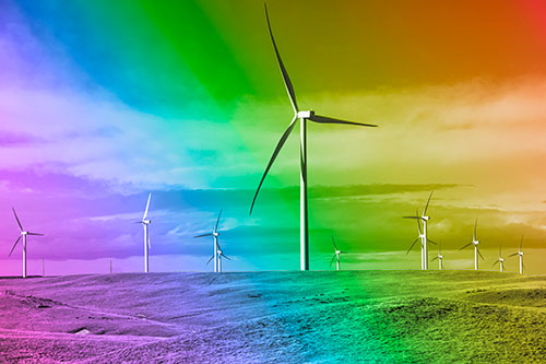 Wind Turbine Cluster Scattered Across Land (Rainbow Tone Photo)
