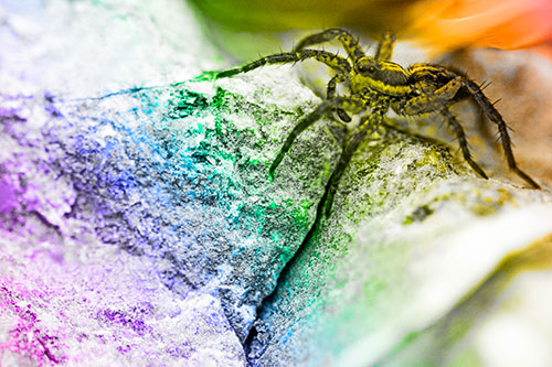 Wolf Spider Crawling Over Cracked Rock Crevice (Rainbow Tone)