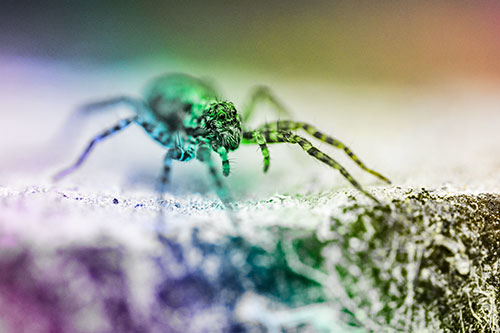 Wolf Spider Standing Along Rock Edge (Rainbow Tone)