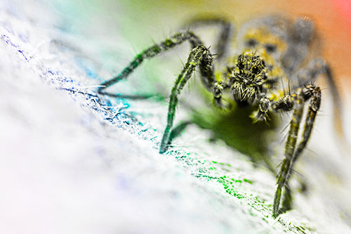 Wolf Spider Watching Among Sloping Rock (Rainbow Tone)