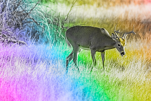 Yawning White Tailed Deer Wanders Among Grass Prairie (Rainbow Tone)