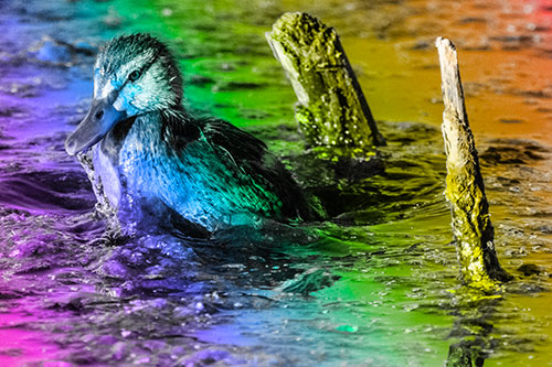 Young Mallard Duckling Playing Among Algae (Rainbow Tone)