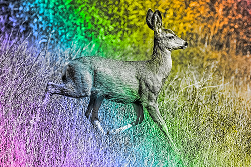 Young Mule Deer Galloping Across Grassland (Rainbow Tone)