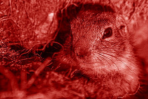 Curious Prairie Dog Watches From Dirt Tunnel Entrance (Red Shade Photo)