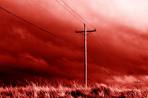 Dark Thunderstorm Clouds Over Powerline (Red Shade Photo)