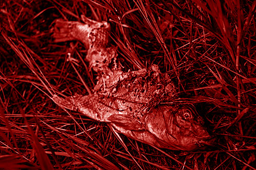 Decaying Salmon Fish Rotting Among Grass (Red Shade Photo)