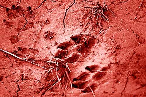 Dog Footprints On Dry Cracked Mud (Red Shade Photo)