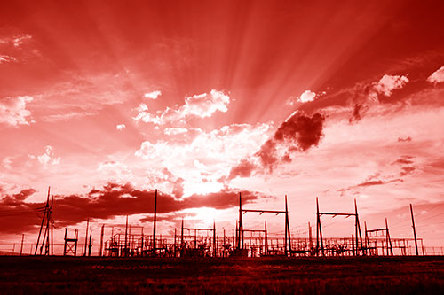 Electrical Substation Sunset Bursting Through Clouds (Red Shade Photo)