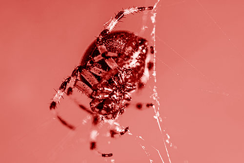 Furrow Orb Weaver Spider Descends Down Web (Red Shade)