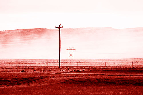 Heavy Fog Hiding Mountain Range Behind Powerlines (Red Shade Photo)