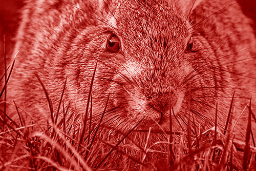Resting Bunny Rabbit Watches Closely Among Grass Blades (Red Shade)