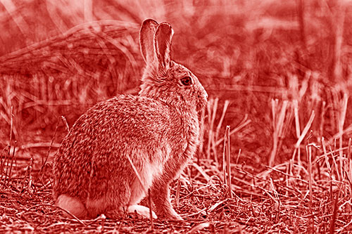 Sitting Bunny Rabbit Among Broken Plant Stems (Red Shade Photo)