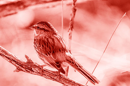 Song Sparrow Overlooking Water Pond (Red Shade Photo)