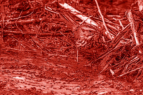 Song Sparrow Peeking Around Sticks (Red Shade Photo)