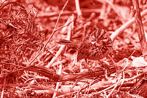 Song Sparrow Standing Atop Broken Branch (Red Shade Photo)
