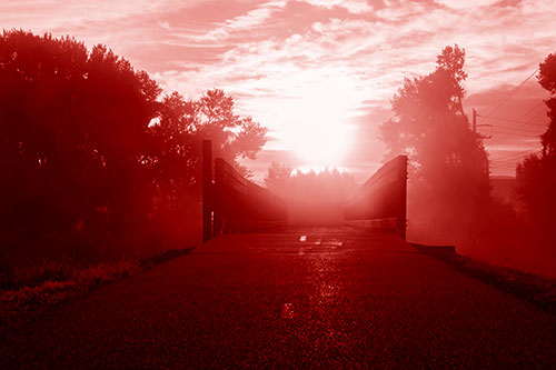 Sun Rises Beyond Foggy Wooden Walkway Bridge (Red Shade Photo)