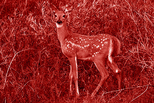 White Tailed Spotted Deer Stands Among Vegetation (Red Shade Photo)