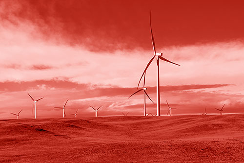Wind Turbine Cluster Overtaking Hilly Horizon (Red Shade Photo)
