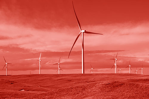 Wind Turbine Cluster Scattered Across Land (Red Shade Photo)