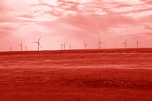 Wind Turbines Scattered Along The Prairie Horizon (Red Shade Photo)