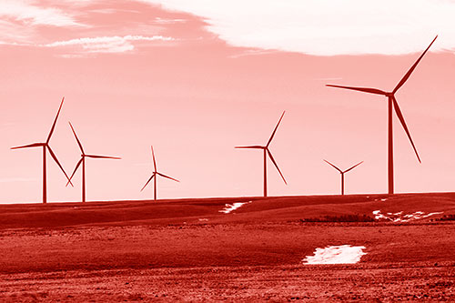 Wind Turbines Scattered Around Melting Snow Patches (Red Shade Photo)