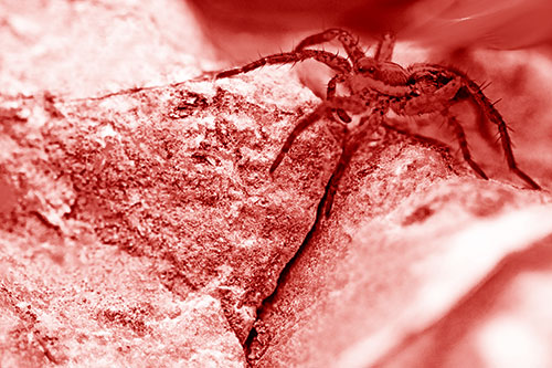 Wolf Spider Crawling Over Cracked Rock Crevice (Red Shade Photo)