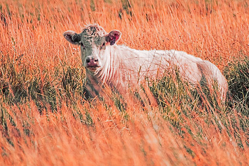 Curious Cow Awakens From Nap (Red Tint Photo)