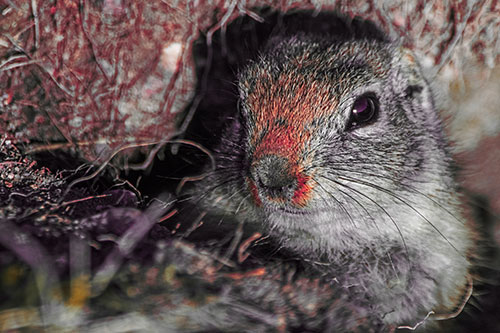 Curious Prairie Dog Watches From Dirt Tunnel Entrance (Red Tint Photo)