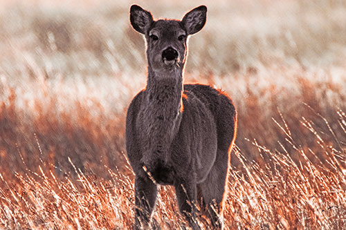 Curious White Tailed Deer Glaring Among Sunset (Red Tint Photo)