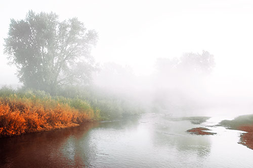 Dense Fog Blankets Distant River Bend (Red Tint Photo)