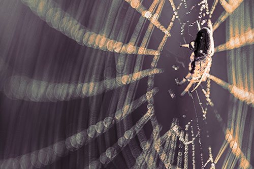 Dewy Orb Weaver Spider Hangs Among Web (Red Tint Photo)
