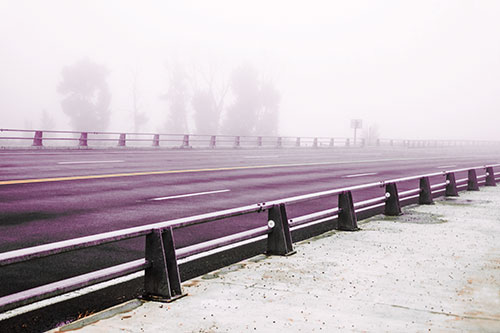 Fog Surrounds Deserted Sidewalk Roadway (Red Tint Photo)