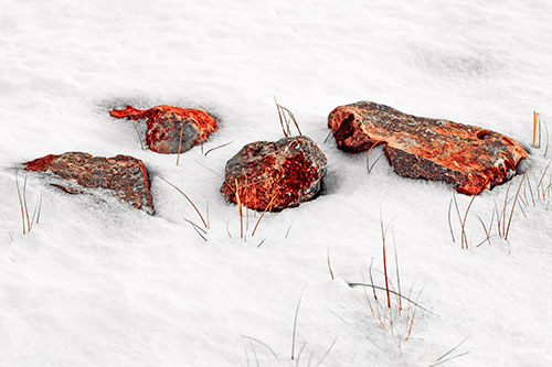 Four Big Rocks Buried In Snow (Red Tint Photo)