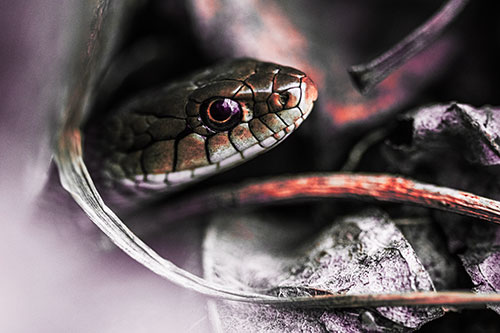 Garter Snake Peeking Out Dirt Tunnel (Red Tint Photo)