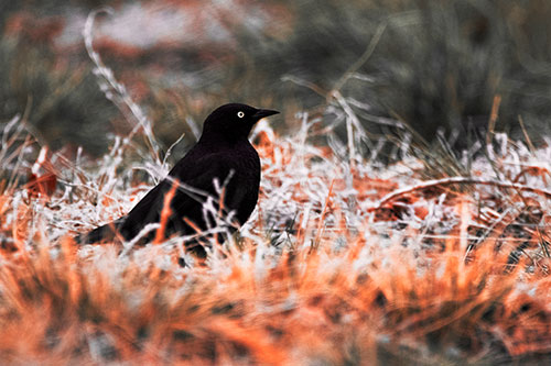 Grackle Standing Among Grass (Red Tint Photo)