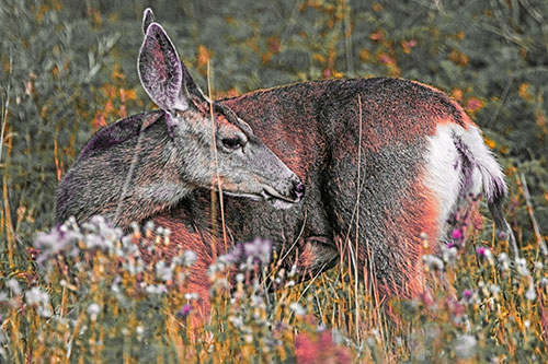 Grooming Mule Deer Bending Backwards Among Vegetation (Red Tint)