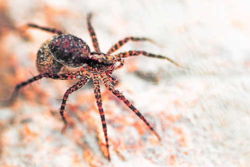 Hairy Wolf Spider Sprawled Atop Rock (Red Tint Photo)