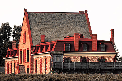 Hawk Sits Atop Gabled State Penitentiary Roof (Red Tint Photo)