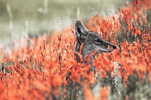 Hidden Coyote Watching Among Feather Reed Grass (Red Tint Photo)